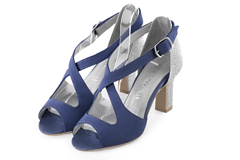 Prussian blue and light silver women's closed back sandals, with crossed straps. Round toe. High kitten heels - Florence KOOIJMAN